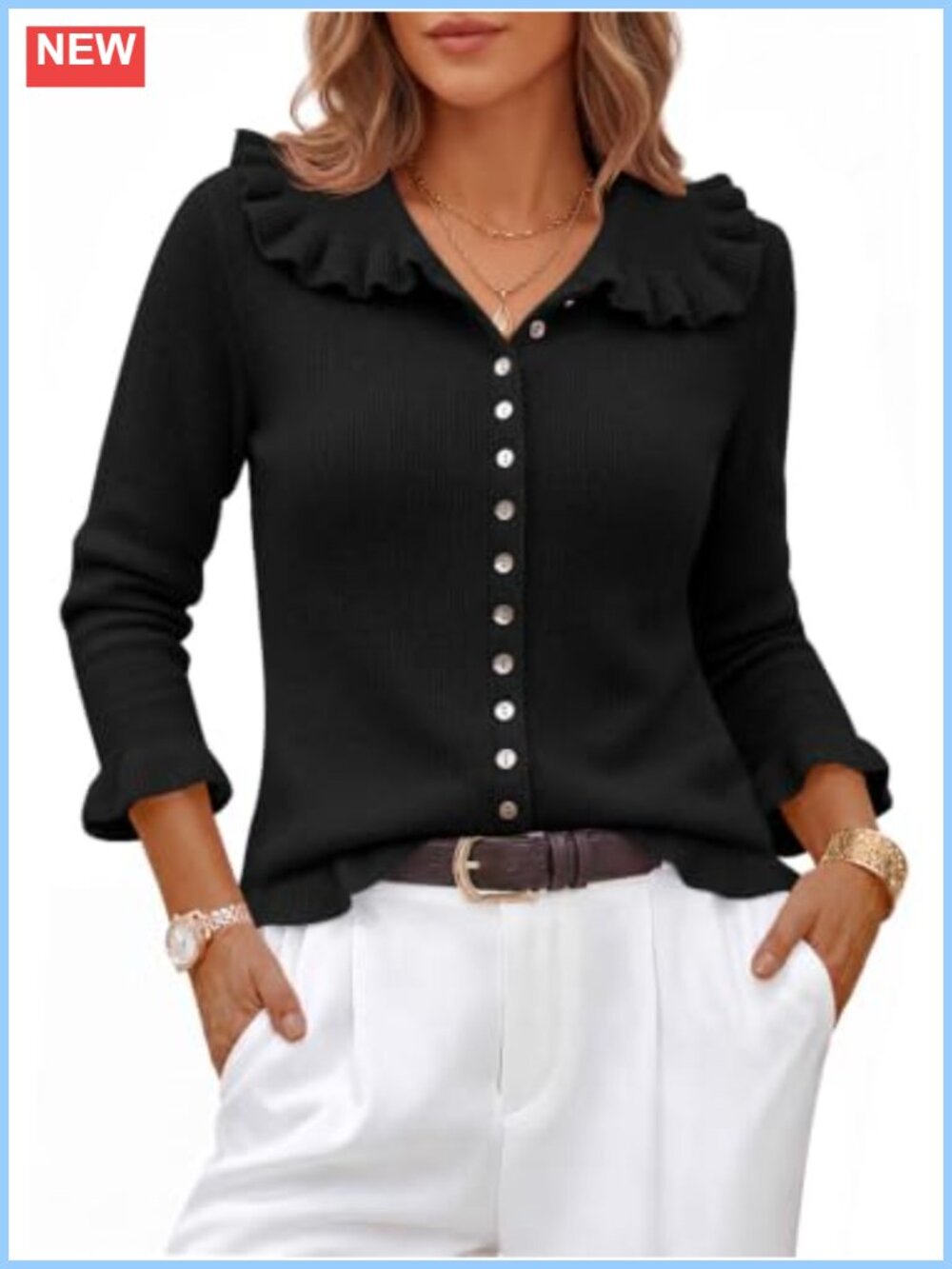 Ruffle Button Down Cardigan Lapel Collared Sweater Tops Knit